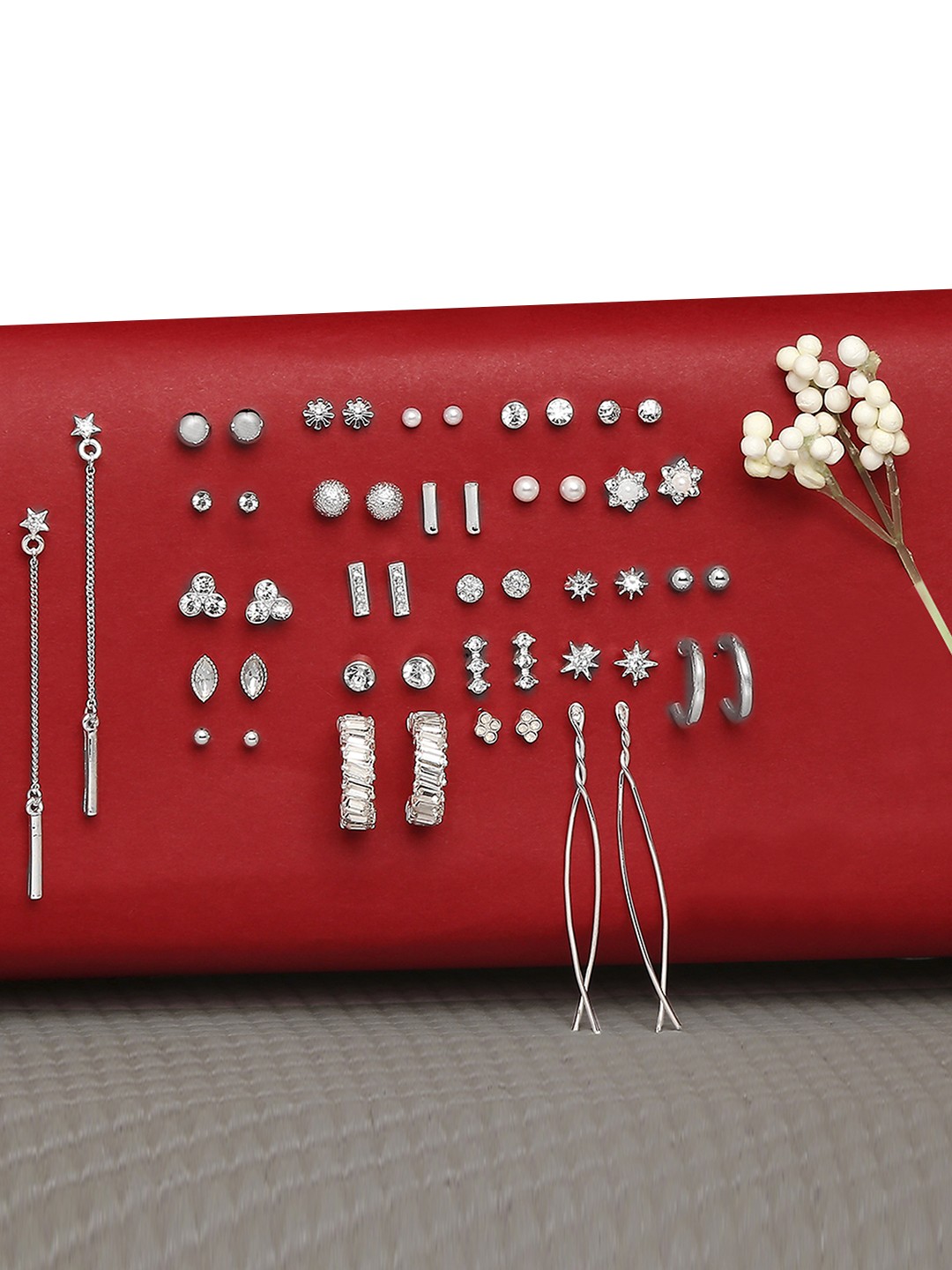 Pack of 25 silver plated earrings pack with 2 danglers and 2 hoops and 21 studs