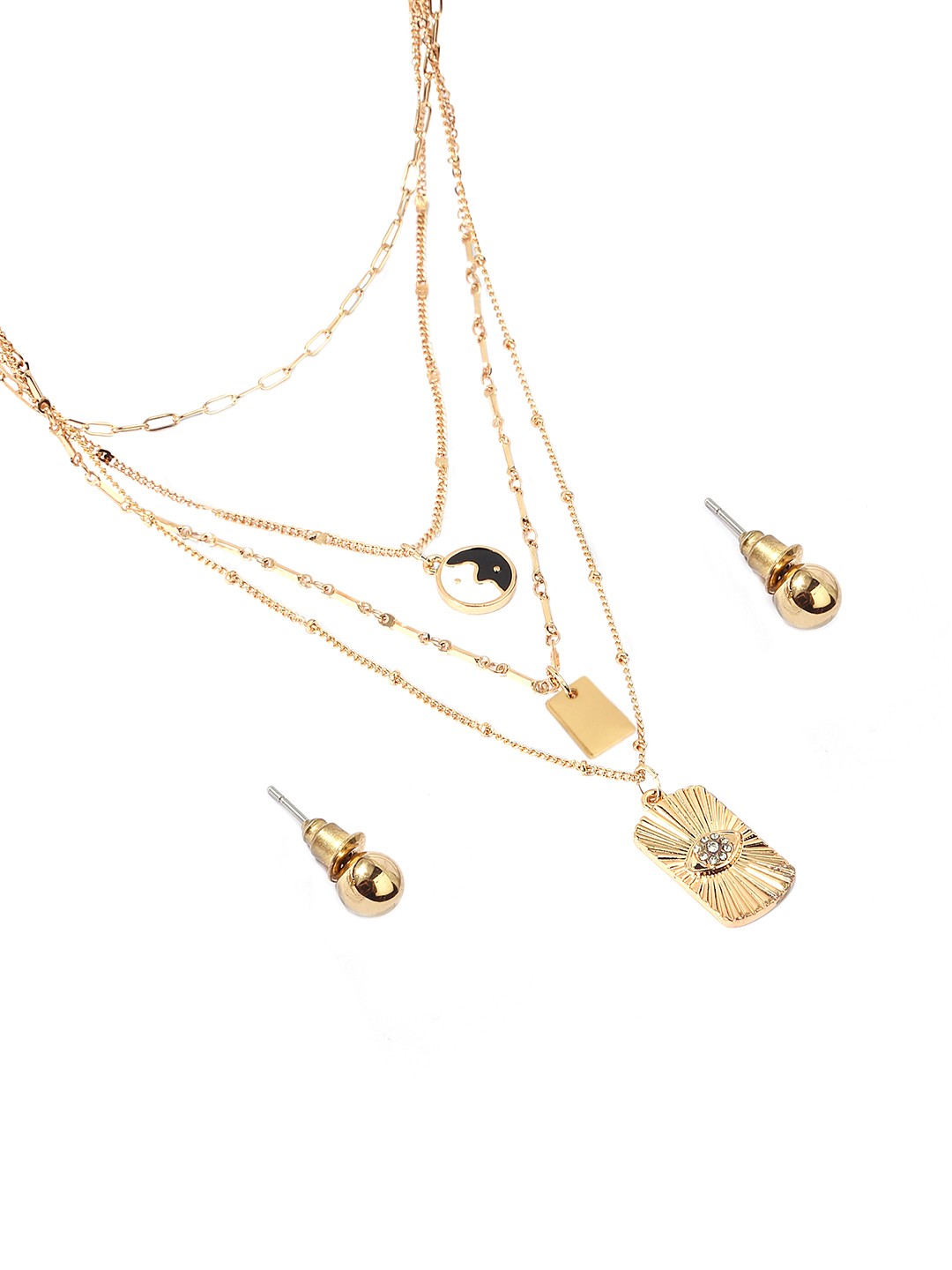 Gold plated four layered enameled ying yang charm necklace with gold studs