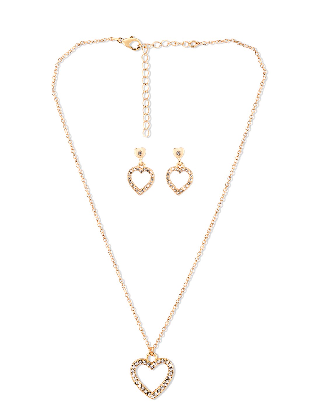 Gold toned necklace with crystal studed heart charm and crystal studed heart dangler earrings