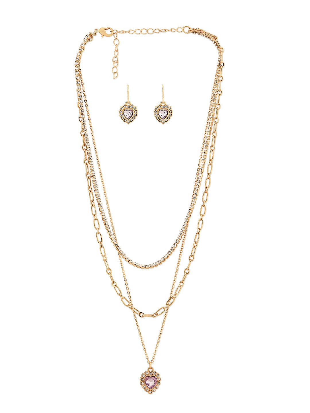 Gold toned three layered necklace with cup chain with earrings and crystal studded pink stone charm