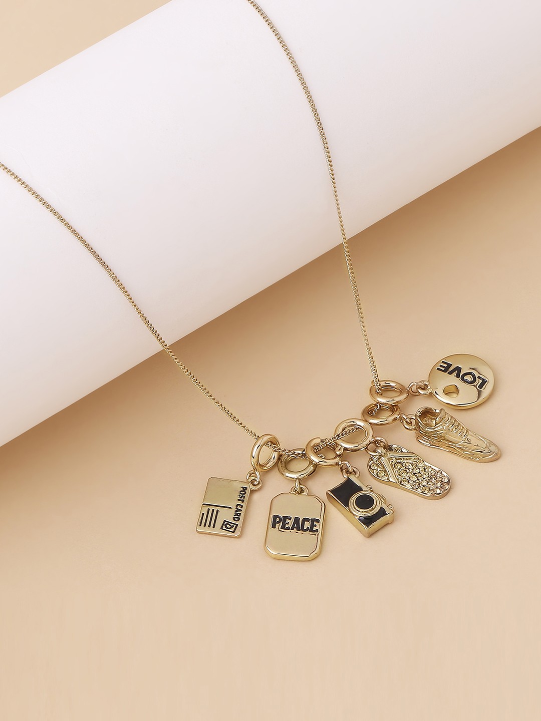Gold toned 6 changeable love, peace, post card, shoes, camera charms pendant necklace