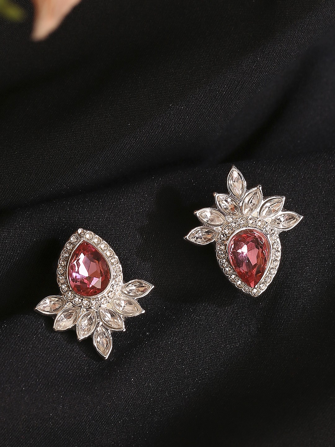 Silver statement pink drop shaped stone stud earrings
