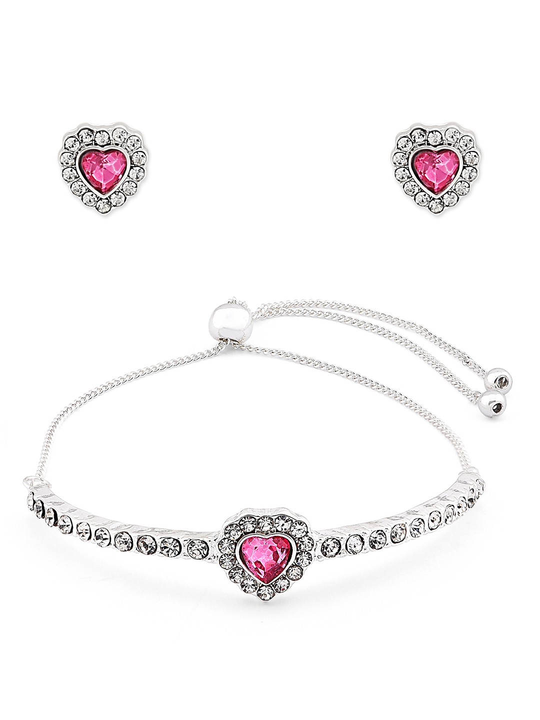 Silver toned crystal studded bracelet and stud earrings with pink heart stone