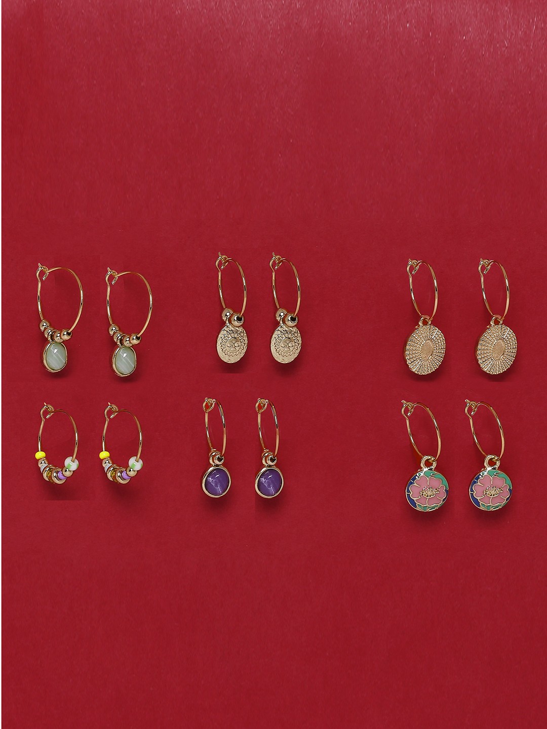 Gold plated Set of 6 Bali earrings with charms (floral and beads)
