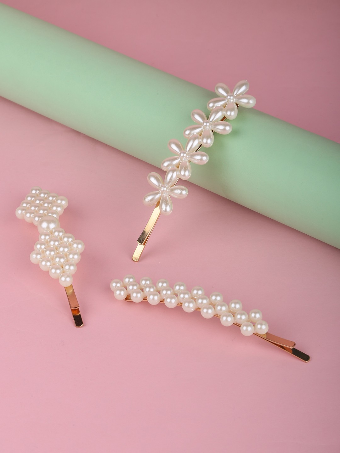Pack of 3 floral and bow shaped pearl encrusted bobby pin set