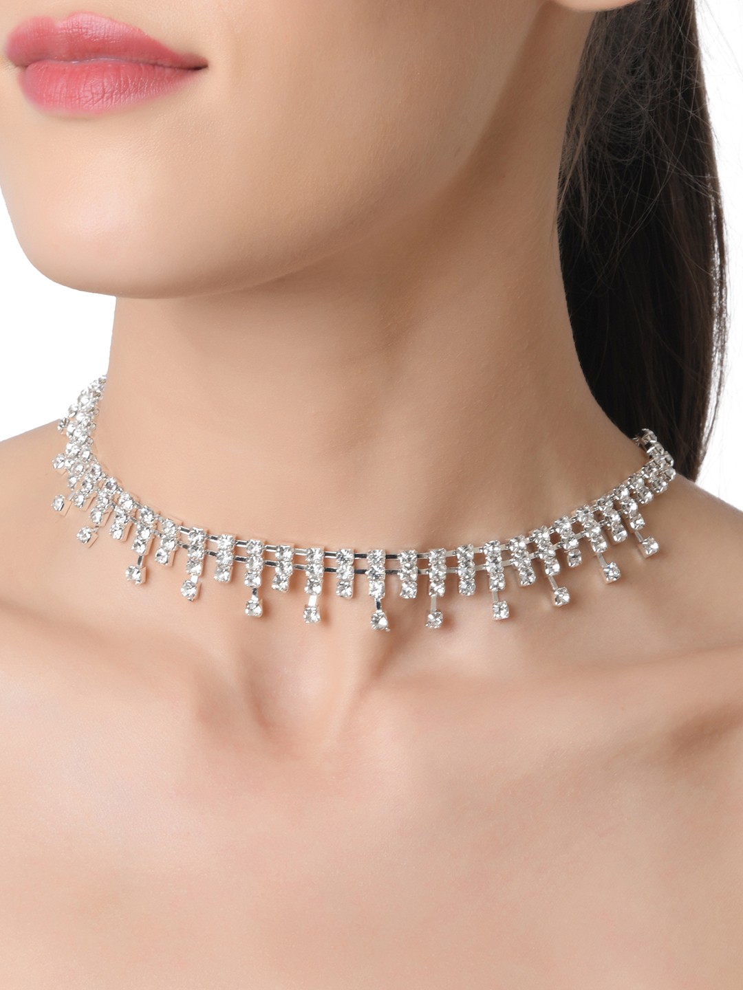 Statement silver crystal studed choker necklace