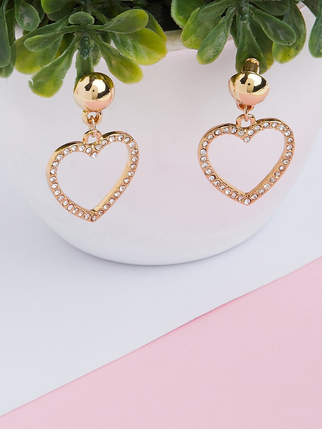 Gold Tonned crystal studed heart shaped earrings