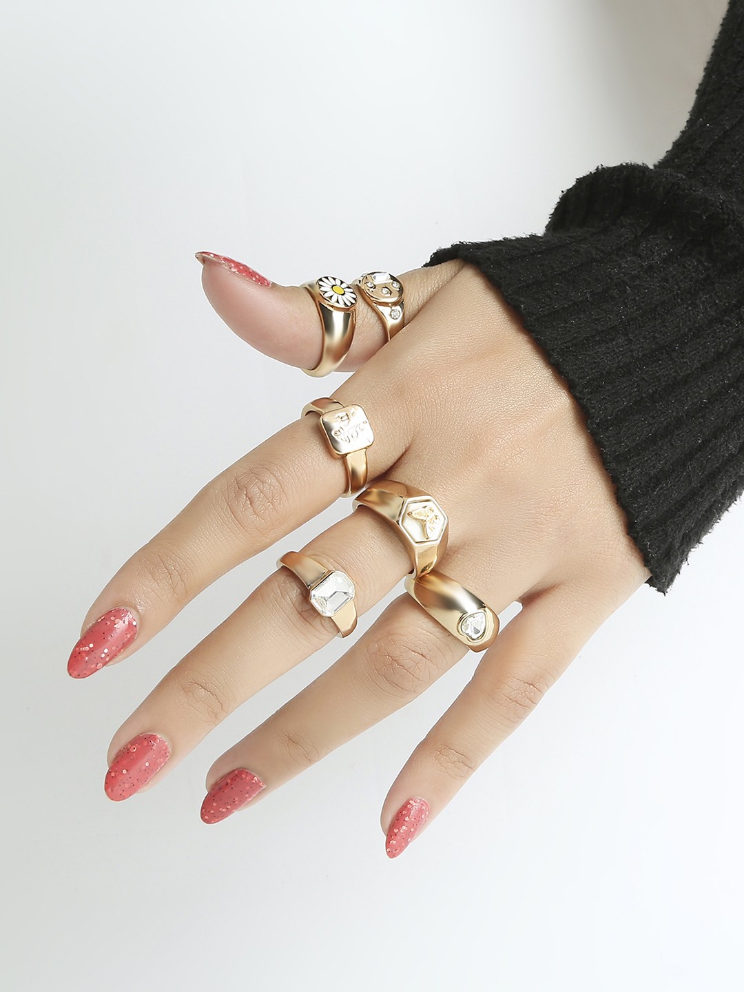Set of 6 gold toned statement happy summer rings pack
