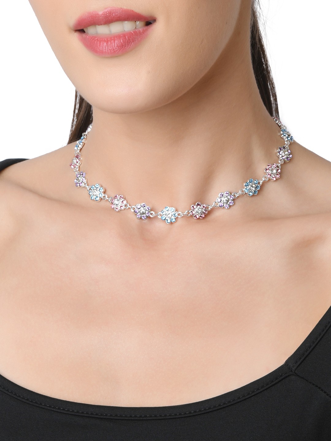 Statement silver multi stoned flower choker necklace