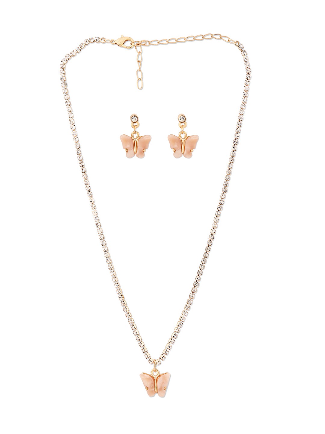 Gold toned cup chain neckalace with butterfly charm and earrings