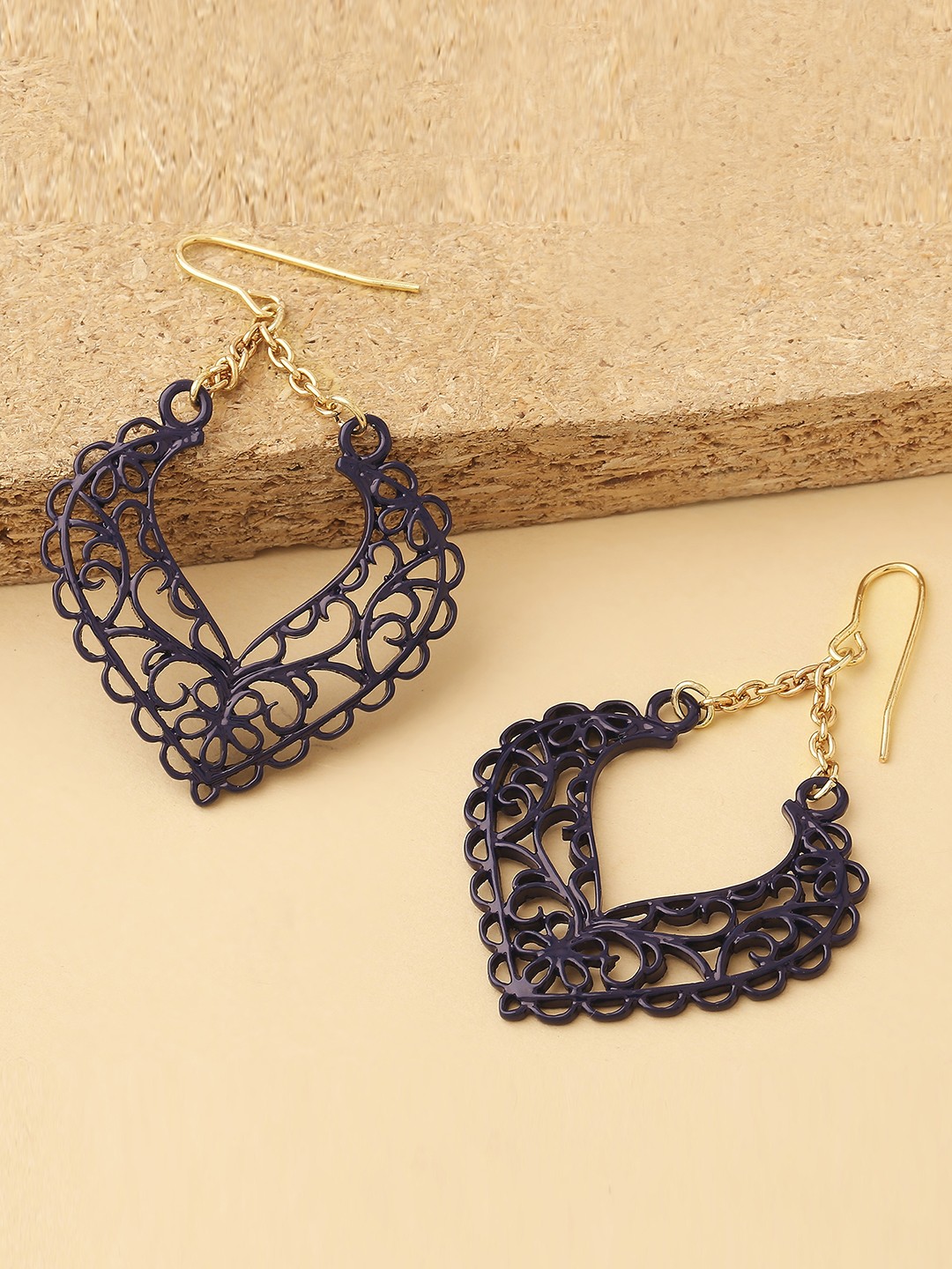 Gold tonned navy blue filigree danglers