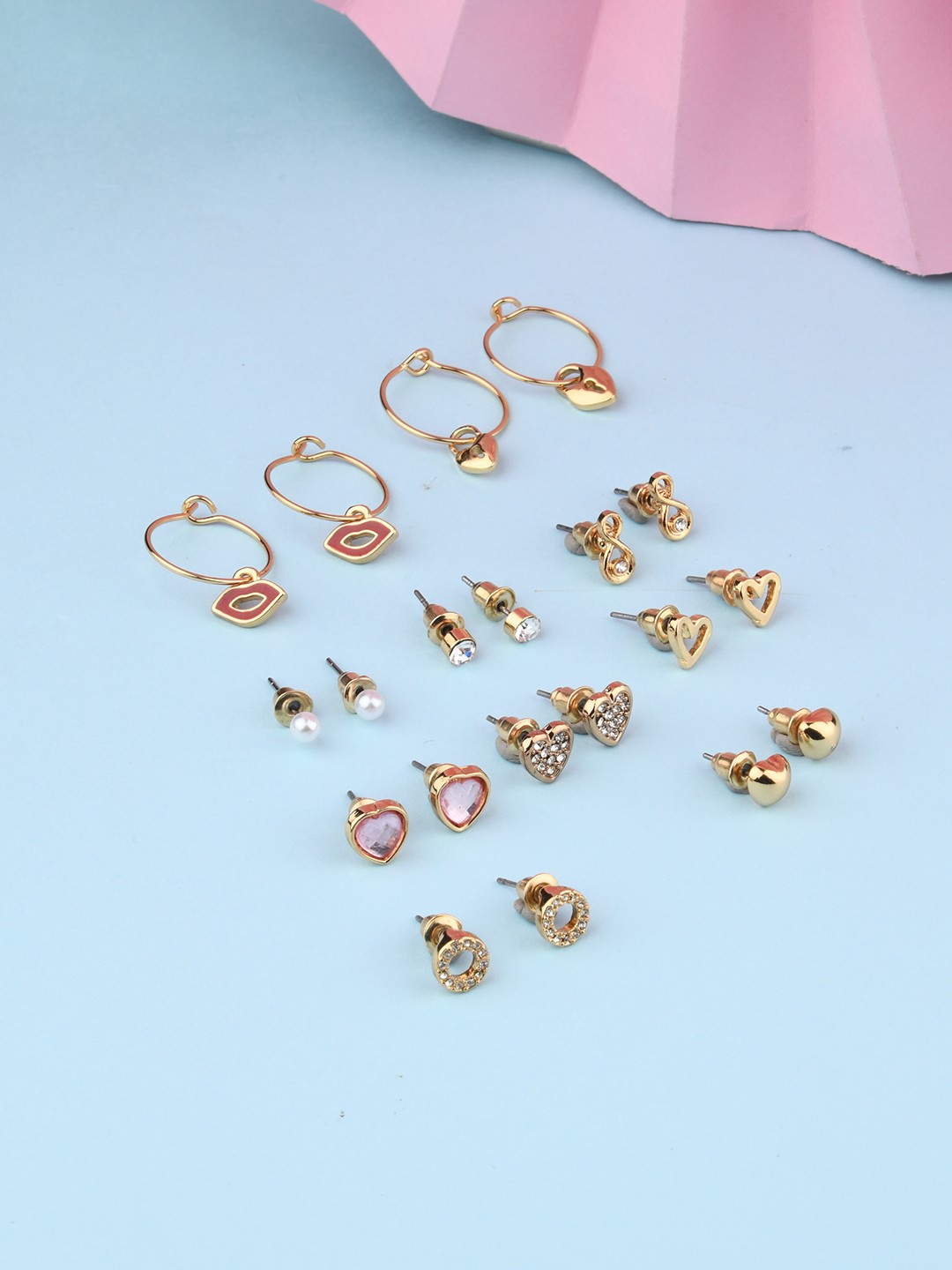 Set of 10 Gold toned 2 bali and 8 stud earrings