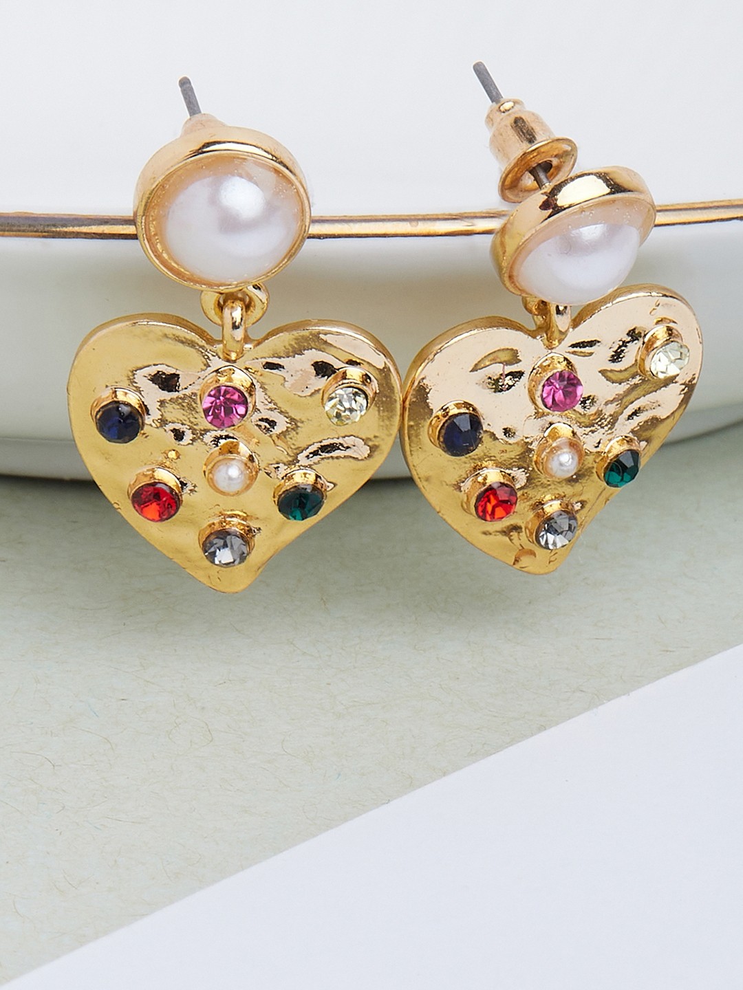 Gold Tonned heart earrings with pearl & multi stones