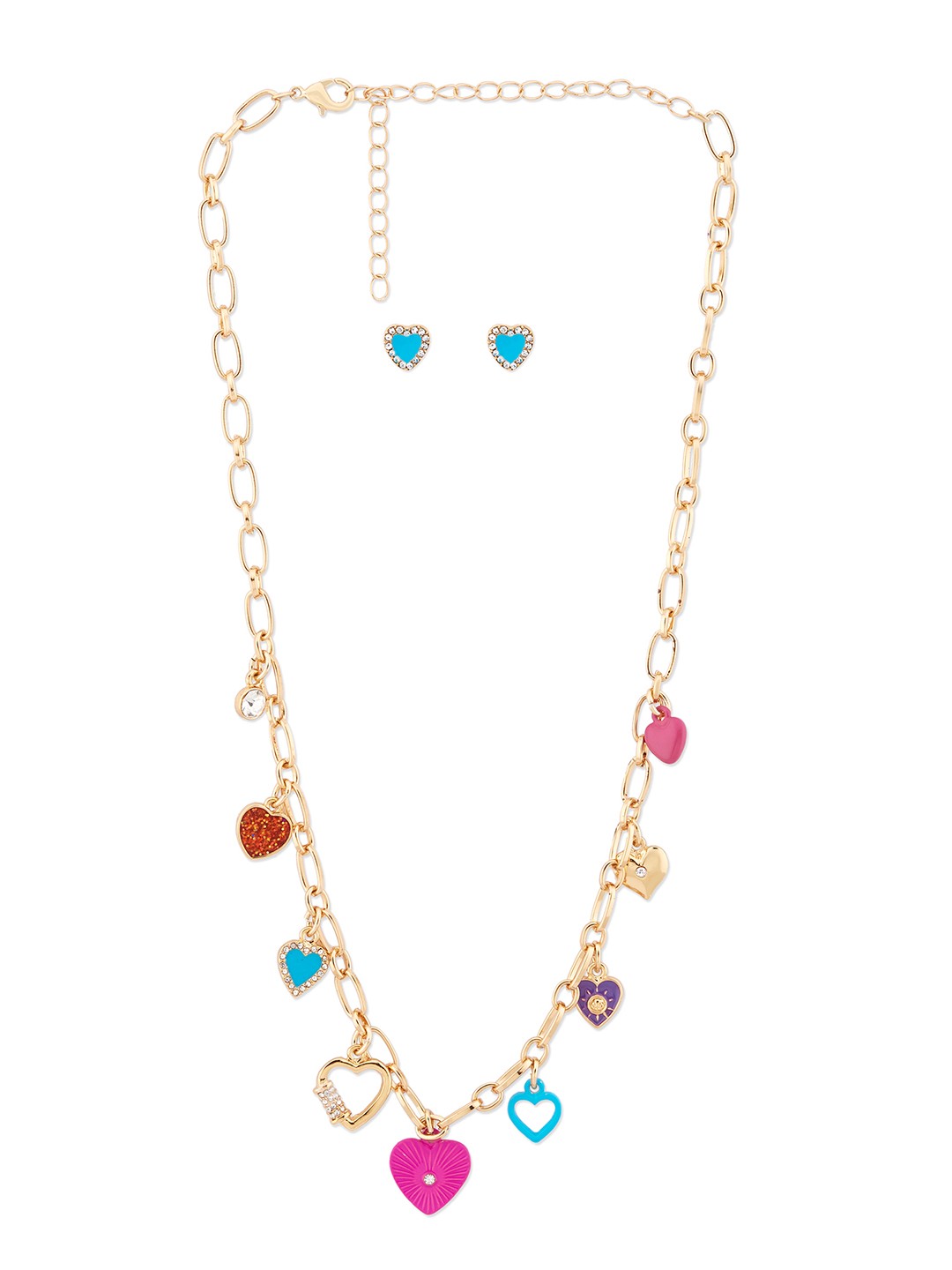 Gold toned charm necklace with multi coloured enameled, crystal charms and blue stud earrings