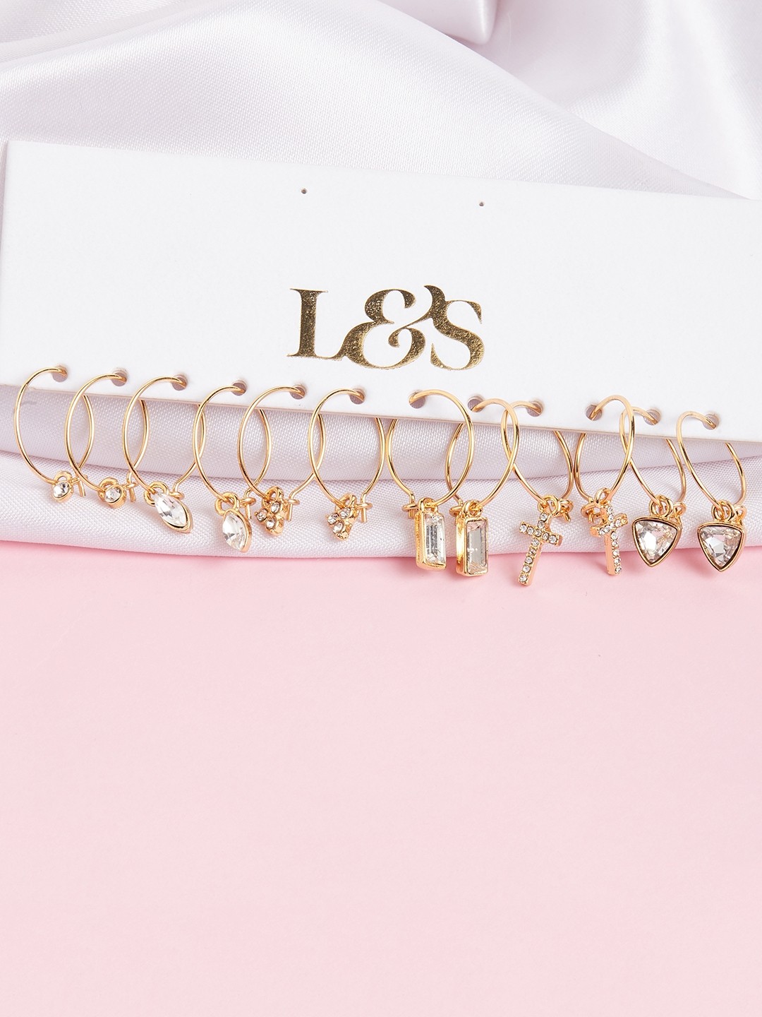 Gold plated Set of 6 Bali earrings with crystal charms